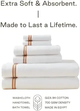 MALEK Luxury Cotton Towel Set - 700 GSM, 100% Cotton, Decorative Bathroom Towel Set, 2 Bath Towels, Hand Towels & Wash Cloths - Highly Durable, Soft & Absorbent - White with Double Camel Stripe - Image 2