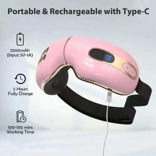 fmlave Eye Massager with Heat and Cooling for Migraines, Dry Eyes, Dark Circles, Rechargeable Bluetooth Music Heated Eye Mask Massager Improve Sleeping - Christmas Gifts for Women and Men (Pink) - Image 5