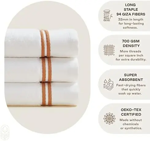 MALEK Luxury Cotton Towel Set - 700 GSM, 100% Cotton, Decorative Bathroom Towel Set, 2 Bath Towels, Hand Towels & Wash Cloths - Highly Durable, Soft & Absorbent - White with Double Camel Stripe - Image 3