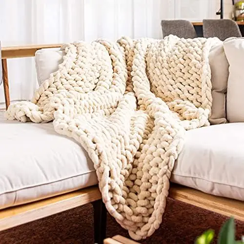 SAMIAH LUXE Beige White Chunky Cable Knit Blanket Throw 50x60 for Boho Decor,Large Thick Knitted Blanket Yarn Throw for Couch/King/Queen - Image 2