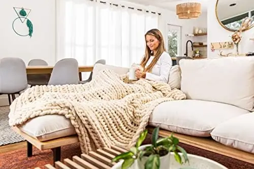 SAMIAH LUXE Beige White Chunky Cable Knit Blanket Throw 50x60 for Boho Decor,Large Thick Knitted Blanket Yarn Throw for Couch/King/Queen - Image 8
