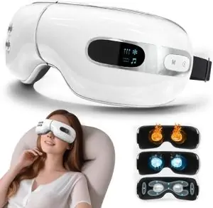 Huhubol Eye Massager with Heat and Cooling Relax Eye Strain Dry Eyes, Music Heated Eye Massager Reduce Dark Circles, Eye Bags and Puffiness, Eye Mask Massager Improve Sleeping Best Gifts(White)