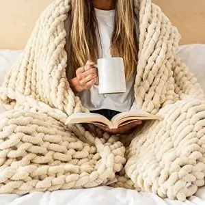 SAMIAH LUXE Beige White Chunky Cable Knit Blanket Throw 50x60 for Boho Decor,Large Thick Knitted Blanket Yarn Throw for Couch/King/Queen