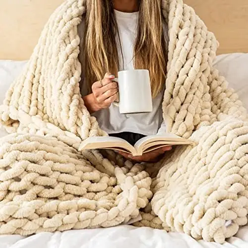 SAMIAH LUXE Beige White Chunky Cable Knit Blanket Throw 50x60 for Boho Decor,Large Thick Knitted Blanket Yarn Throw for Couch/King/Queen
