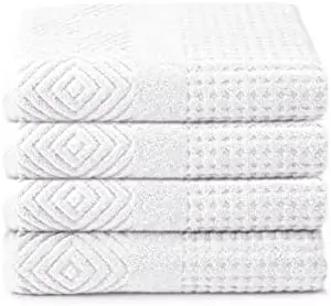 Texere 100% Organic Cotton Diamond Jacquard 700 GSM Luxury Bath Towel Sets - Ultra Soft and Absorbent Hotel and Spa Quality (Diamond, Bright White, 4 Bath Towels)