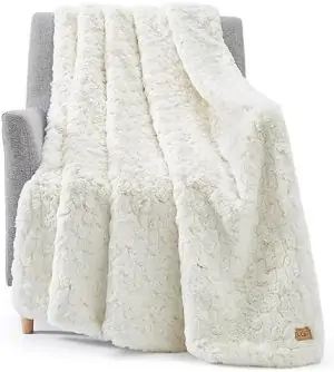 UGG 25517 Amanda Reversible Throw Blanket Flannel Plush Warm Cuddly Cozy Furry Luxurious Soft Blankets for Couch or Bed, 70 x 50-inch, Snow