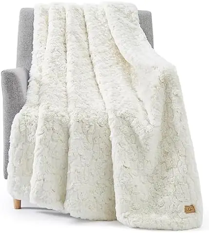 UGG 25517 Amanda Reversible Throw Blanket Flannel Plush Warm Cuddly Cozy Furry Luxurious Soft Blankets for Couch or Bed, 70 x 50-inch, Snow